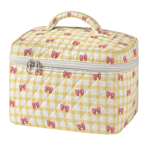MYSMOR Large Quilted Makeup Bag, Yellow Gingham Cosmetic Case with Bows