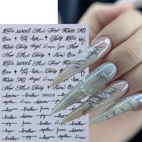 6 Sheets Cursive Letter Nail Stickers - 3D Self-Adhesive Nail Decals