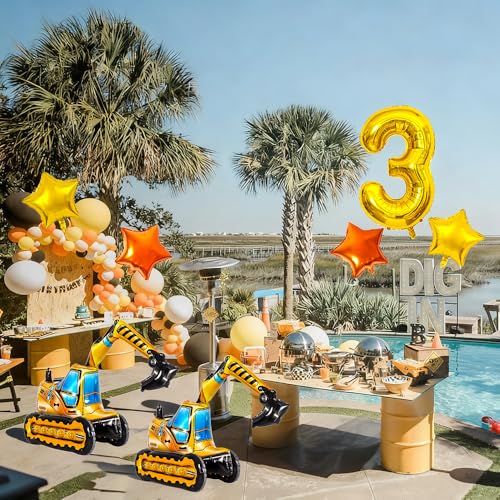 Construction Birthday Balloon Set - Excavator & Star Foil Balloons for 3rd Birthday Party