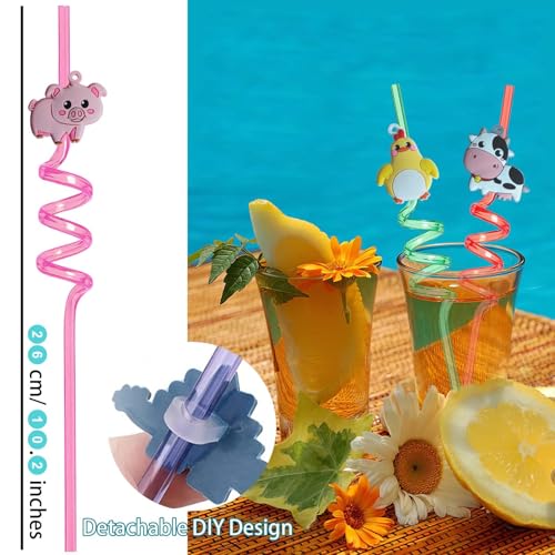 24 Reusable Farm Animal Straws with Cleaning Brushes - Party Supplies