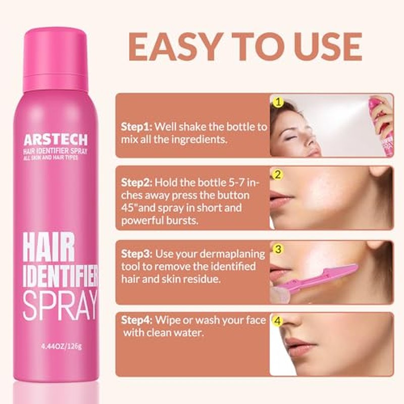 Hair Identifier Spray for Face Shaving Dermaplaning Tool 4 Pack Skin Body Dermaplaning Spray for Women with 16 Face Razor for Face Shaver Hair Removal Kit Excess Hair Dermaplane Razor for Women Face