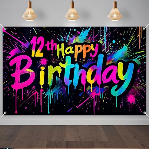 12th Birthday Party Banner - Rainbow Neon Splatter 71x43 Inch