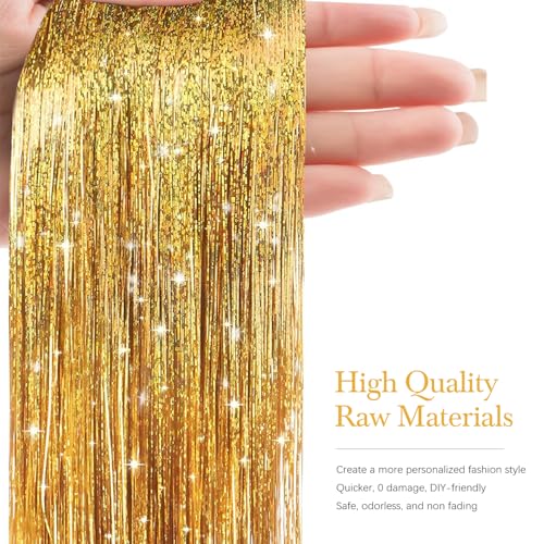 Hair Tinsel Extensions - 8 Packs, 1600 Strands, 50 Inch Gold