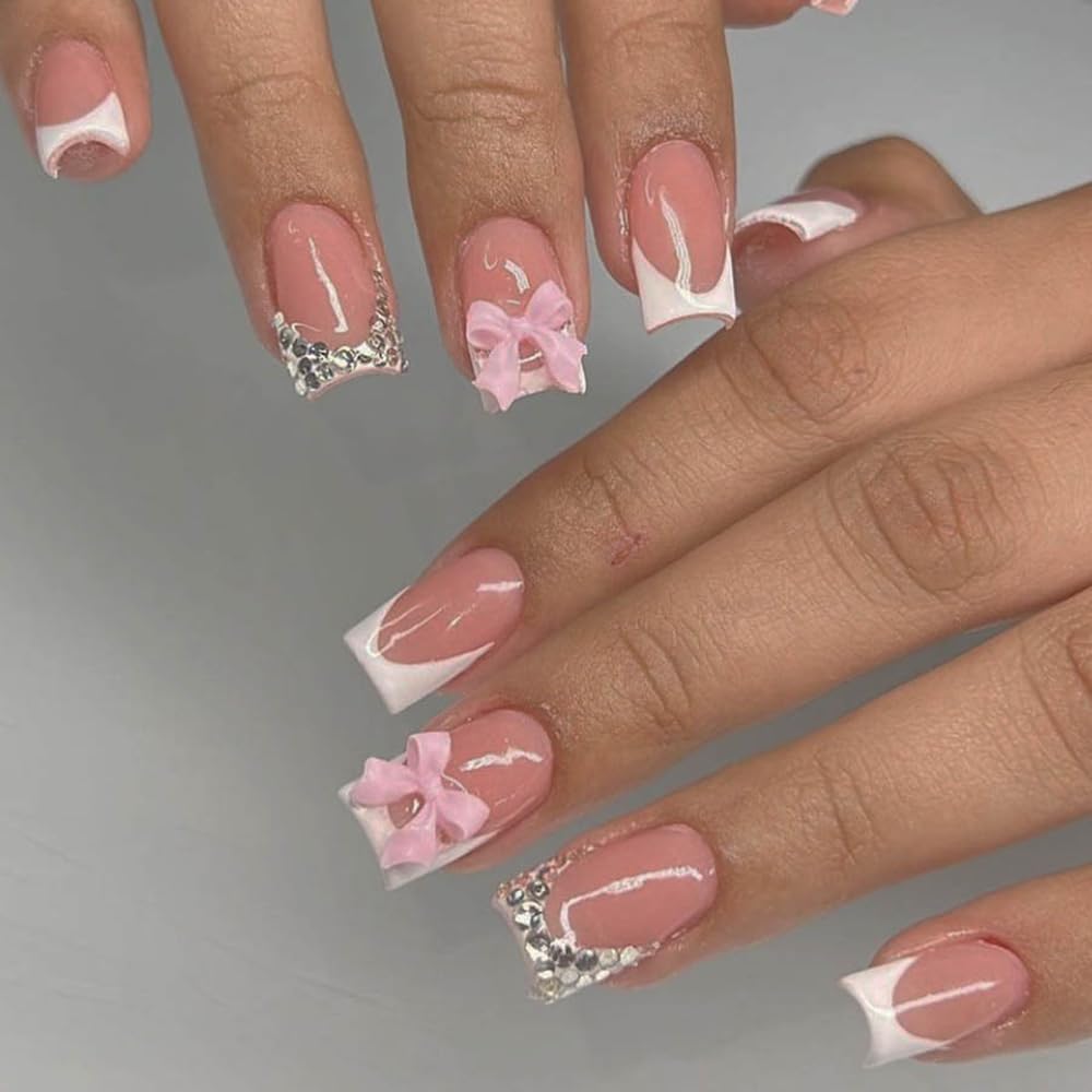 White French Tip Press-On Nails - 24 Pcs Medium Coffin Design with Bow Charms & Rhinestones | Pink Acrylic Full Cover