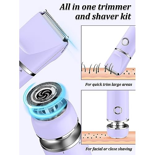 Cayzor Bikini Trimmer and Shaver Kit for Women - 2-in-1 Wet/Dry Electric Body Hair Trimmer Facial Hair Removal Cordless Waterproof Bikini Shaver Razor for Face Lip Chin Pubic Underarm Legs (Purple)
