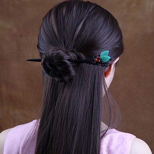Handmade Ebony Wood Hair Stick - Vintage Leaf Carved Hair Chopstick