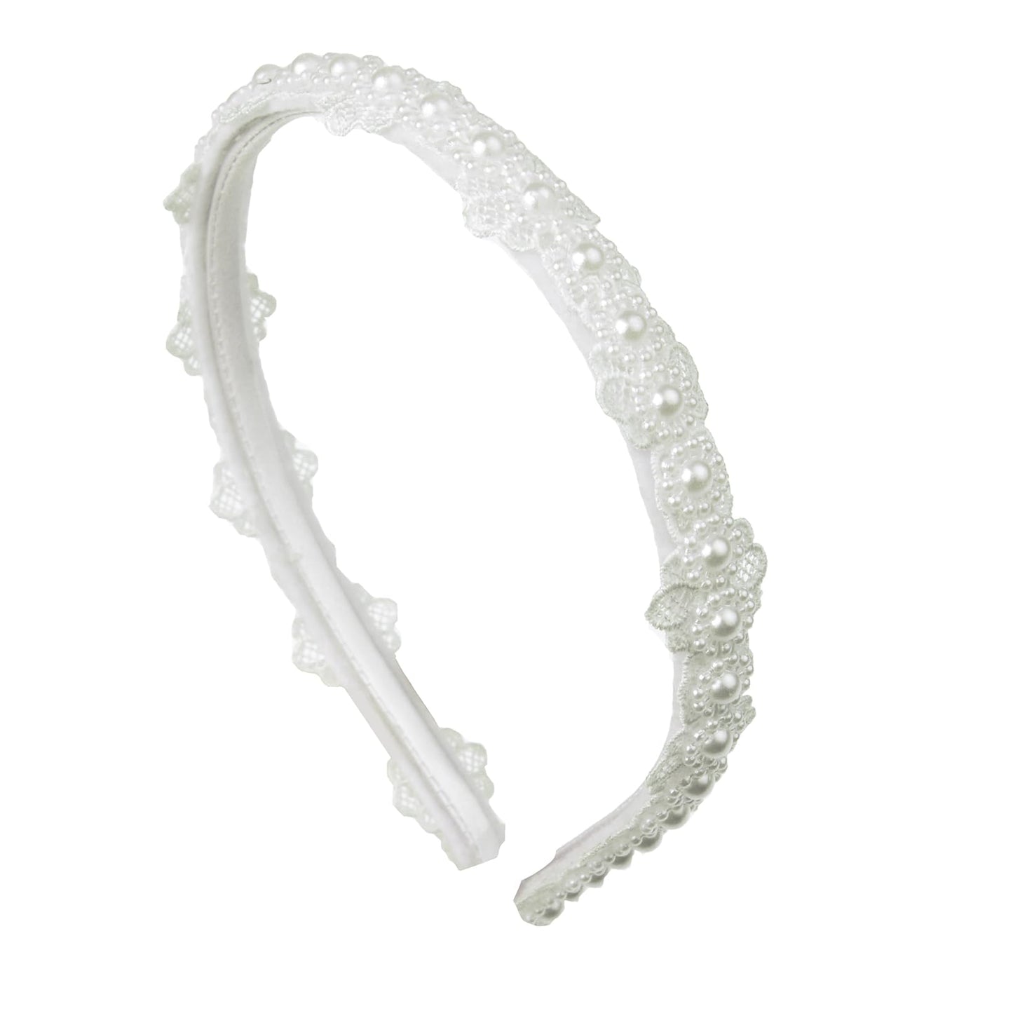 Merroyal White Pearl Lace Flower Headband, First Communion Hair Accessory, Wedding Christening Hairpiece