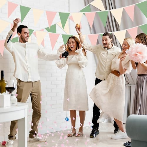 Sage Green and Pink Pennant Banner Garland - 49.2 Ft for Parties
