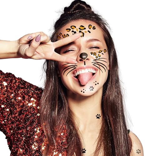 Kotbs Leopard Face Temporary Tattoos 7-Pack Waterproof Halloween Body Art