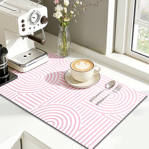 Findosom 12" x 20" Super Absorbent Dish Drying Mat - Pink & White Geometric