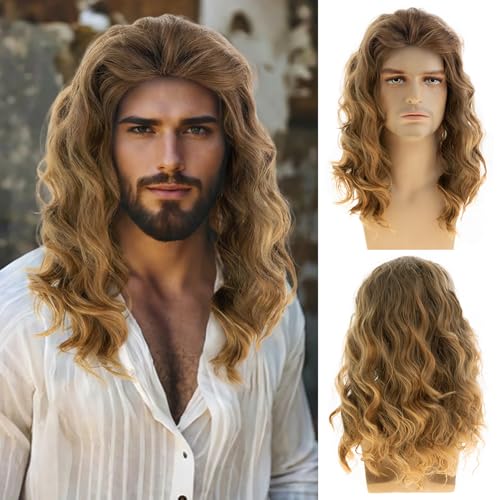 Light Brown Wavy Wig for Men - Medium Length Synthetic Hair