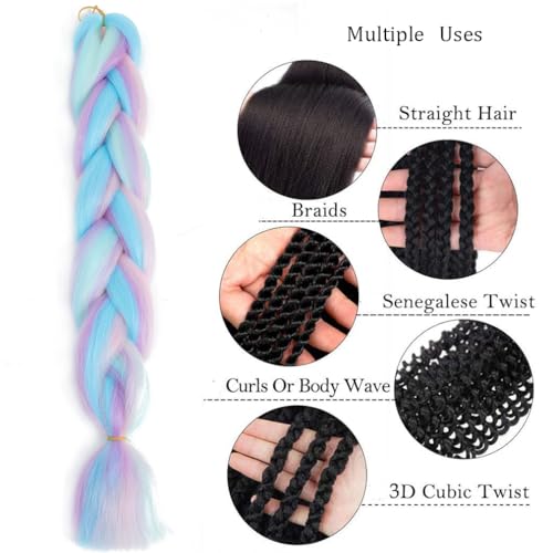 Rainbow Braiding Hair 3 Packs 24inch Jumbo Synthetic Extensions for Twist & Box Braids - Pink/Blue/Purple/Light Cyan
