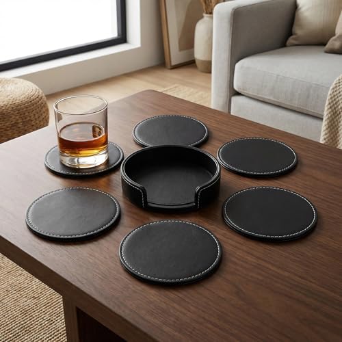 Set of 6 Modern Black PU Leather Coasters - Non-Slip & Waterproof