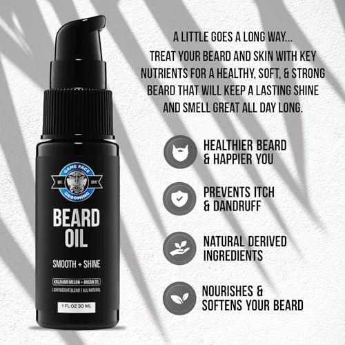 Game Face Natural Beard Oil - Hydrating Men's Beard & Mustache Oil with Eucalyptus & Sea Salt, Lightweight & Nourishing, 1 fl oz