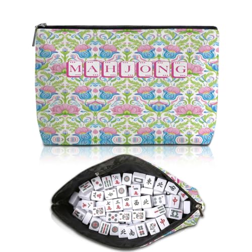 Pink Tulip Mahjong Tile Bag with Zipper Case - Multicolor, Blue Leaves