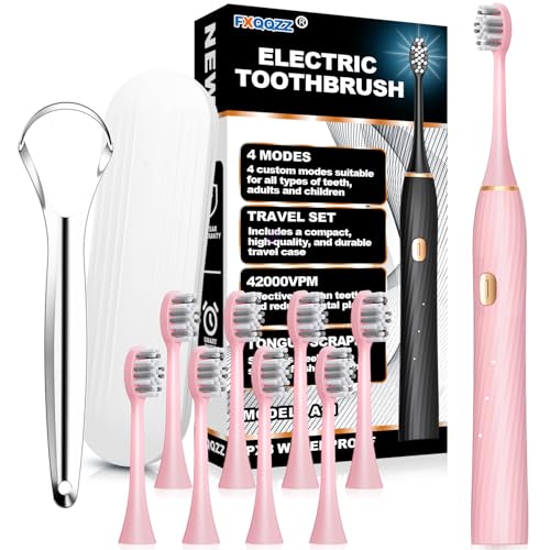 FXQQZZ Electric Toothbrush for Adults and Kids - Rose, 8 Brush Heads & Tongue Scraper