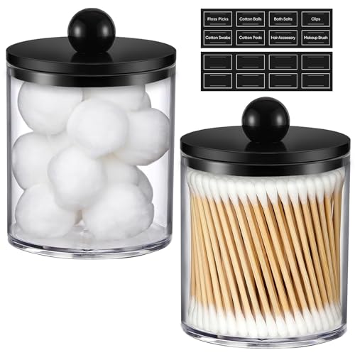 Acrylic Qtip Holder Dispenser Set - 2 Pack Clear Canisters with Labels