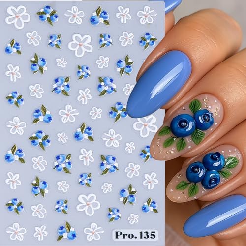 5D Floral & Fruit Nail Art Stickers - 6 Self-Adhesive Sheets