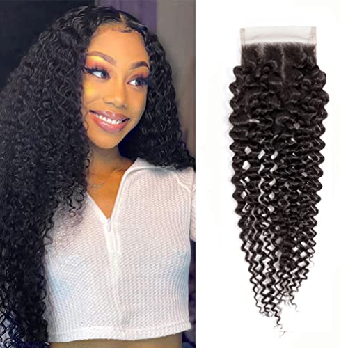 Jinhongze 4x4 Kinky Curly Human Hair Lace Closure - 10 Inch Natural Black
