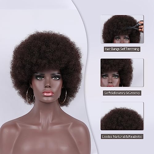 Short Kinky Curly Afro Wig with Bangs - Brown Synthetic 70s Disco Hair