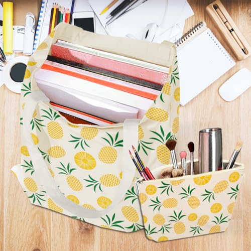 Cute Pineapple Canvas Tote Bag & Makeup Bag Set for Travel