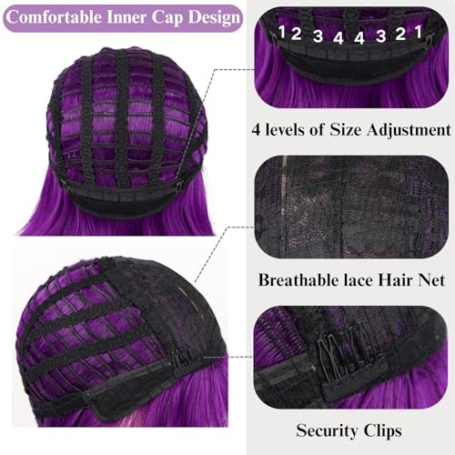 12 Inch Dark Purple Bob Wig with Bangs - Synthetic, Heat Resistant