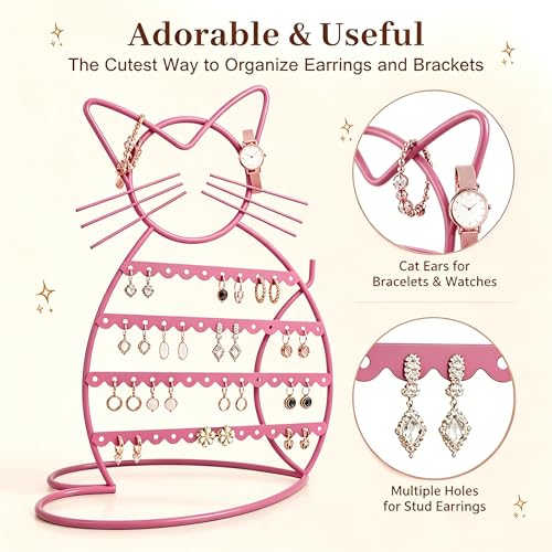 Cat-Shaped Earring Organizer - 48 Hole Jewelry Display for Girls