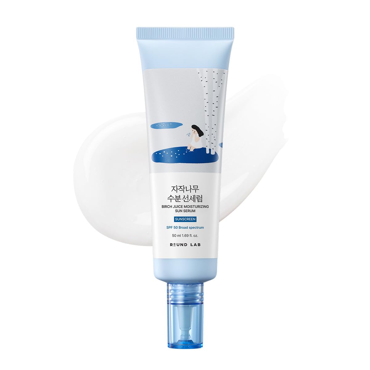 ROUND LAB Birch Juice Moisturizing Sun Serum SPF 50, PDRN Hyaluronic Acid Serum, Airy Texture Sunscreen For Face, No White Cast, Fragrance Free, protector solar, Korean Skin Care, 1.69 Fl Oz