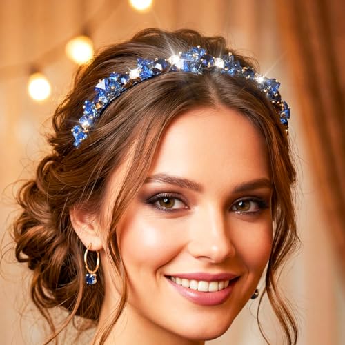 Urieo Crystal Headband with Blue Gems | Rhinestone Hair Accessory for Women