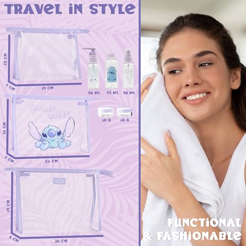 Disney Stitch Travel Toiletry Bag Set with Refillable Bottles (8 Pcs)