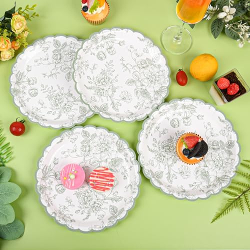 Sage Green Floral Paper Plates - 9in Scalloped, 24 Count