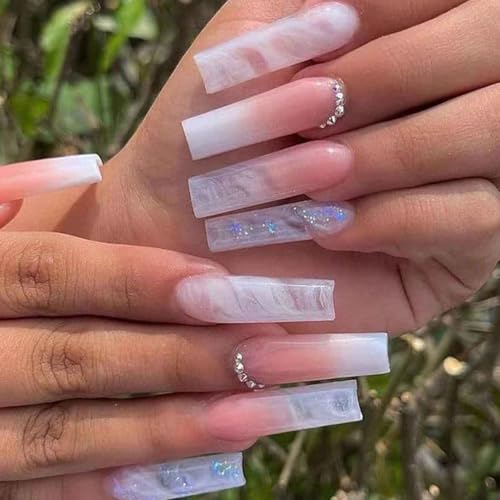 Ombre Pink White Press-On Nails with Rhinestones - 24 Pcs
