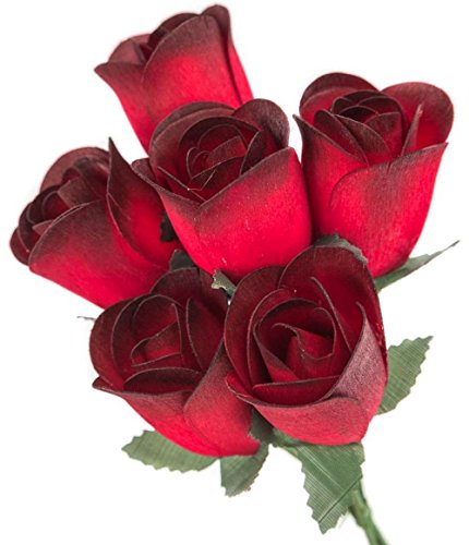 6 Red Wooden Roses with Black Tips - Half Open Bud Craft Flowers