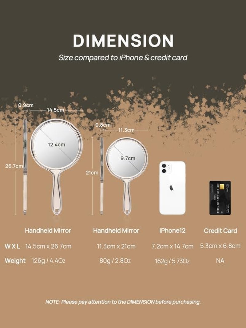 Double-Sided Hand Mirror Set - 1X/3X Magnifying Handheld Mirrors with Handle | Clear Finish