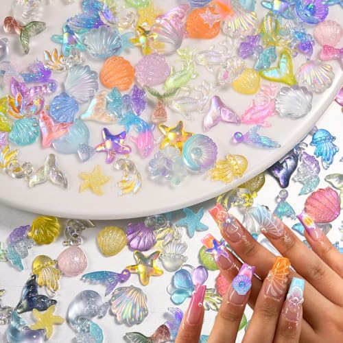 100PCS Summer Beach Nail Charms - 3D Starfish & Shell Gems