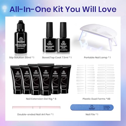 Beetles Mermaid Glow Poly Nail Extension Gel Kit - 6 Colors & Slip Solution