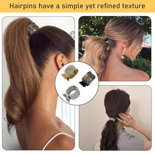 3PCS Alloy Ponytail Clips with Rhinestones - Black, Silver, Gold