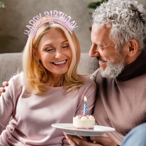CIEHER Pink Birthday Crown Headband for Women & Girls