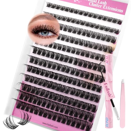 FADLASH C3-0.07D Lash Extension Kit Fluffy Wispy Clusters for Beginners, Reusable Eyelash Extensions with Bond & Seal