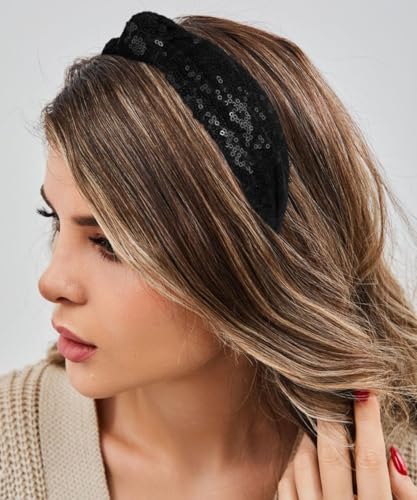 Huachi Sequin Headbands for Women & Girls - Black & Red Holiday Knot Hair Accessories