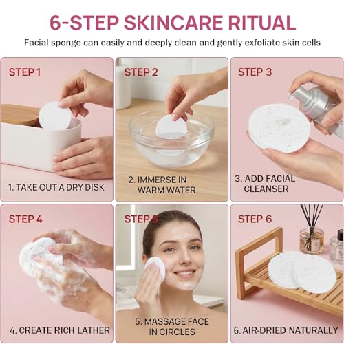 180 Pack Reusable Natural Cellulose Facial Sponges for Cleansing & Exfoliating - White, Travel Size