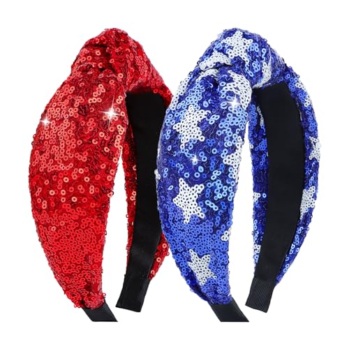5-Star Red & Blue 4th of July Sequin Patriotic Headbands Set - Glitter Hair Accessories for Women & Girls