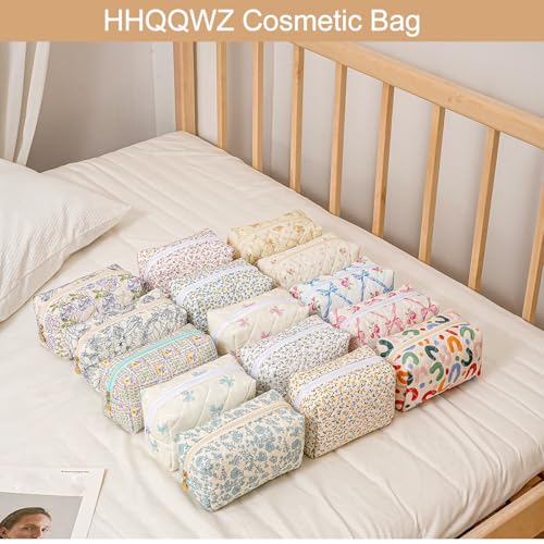 Cute Floral Cotton Makeup Bag - Quilted Cosmetic Bag with Red Bowknot, Large Capacity