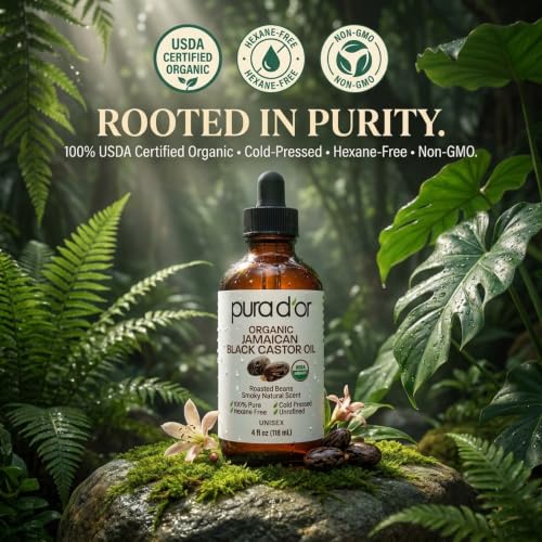 PURA D'OR Organic Jamaican Black Castor Oil 4 Oz - 100% Pure Eyelash & Eyebrow Serum
