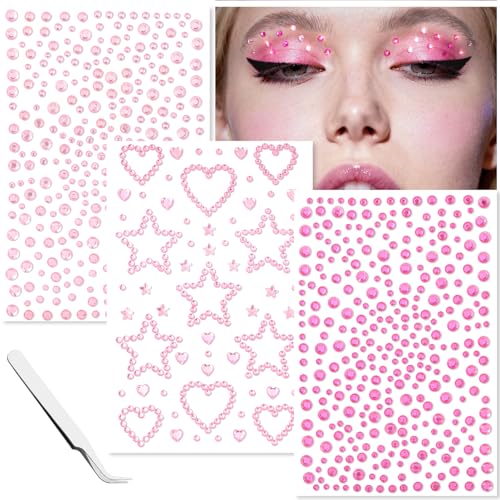 Self-Adhesive Pink Face Gems - Heart & Star Rhinestone Stickers
