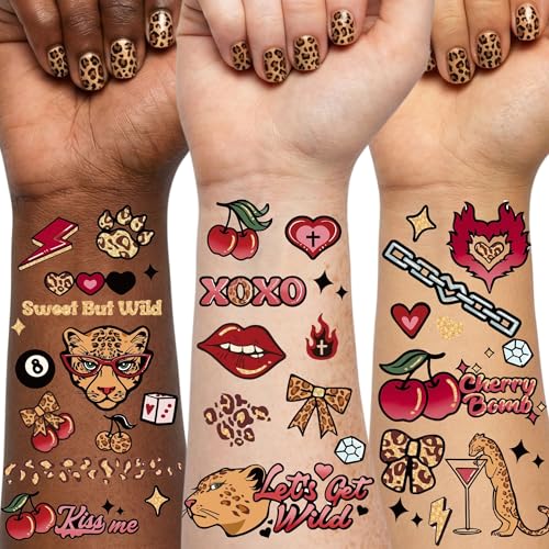 Cheetah Print Temporary Tattoos for Adults - Retro Cherry & Gold Foil