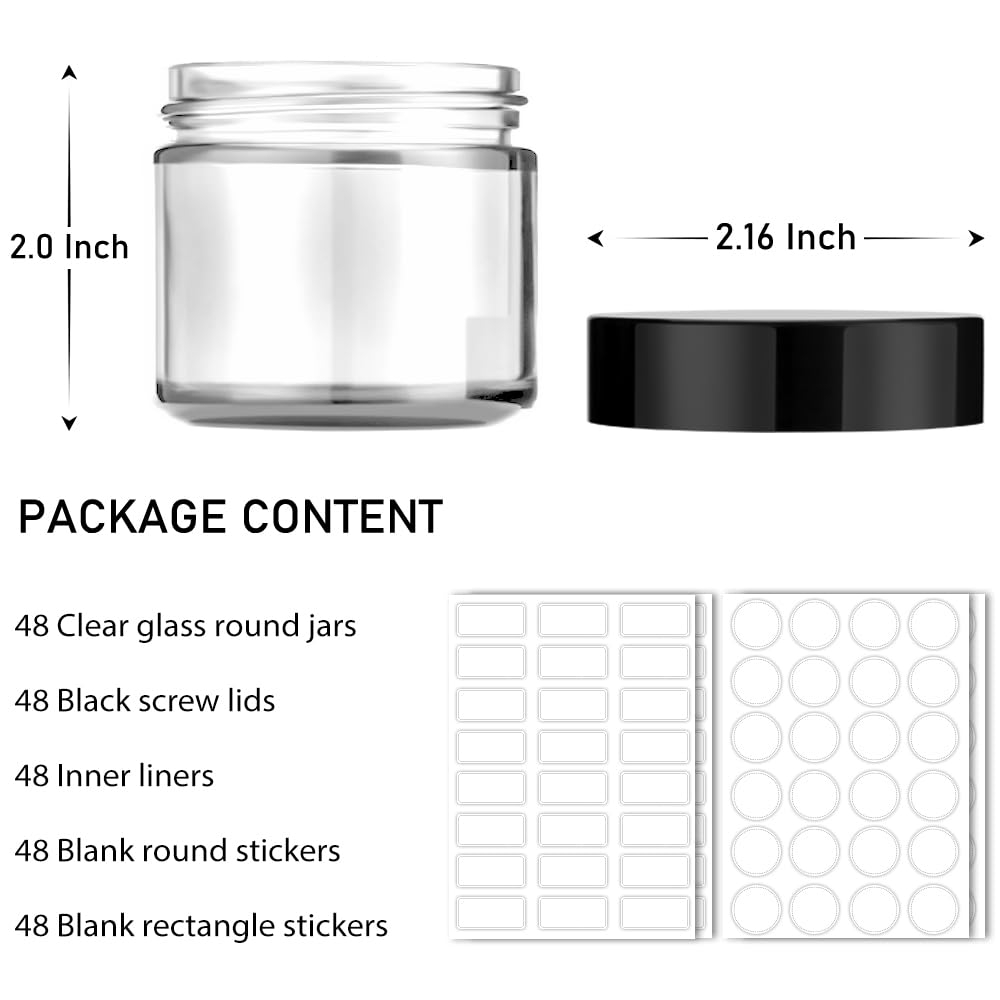 Clear Cosmetic Jars - 48 Pack Small Glass Containers with Lids | 2 oz Round Cream Jars for Ointments & Lotions