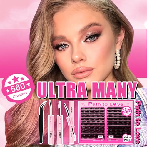 Path to Love 560pcs Lash Clusters Kit - DIY Eyelash Extensions with Bond, Seal & Tweezers for Natural & Glam Looks