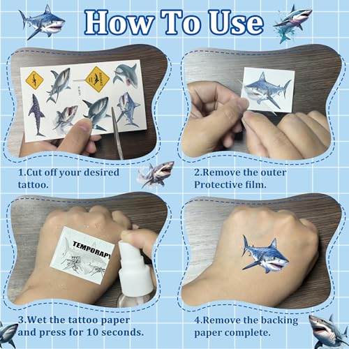 Shark Temporary Tattoos for Kids - 74 PCS Ocean Animal Designs