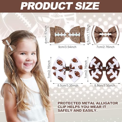 Suncalla 8-Piece Football Bow Hair Clips for Girls - Glitter Game Day Hair Accessories
